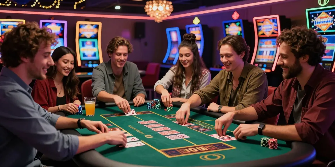 Group of friends enjoying sites not on gamstop at vibrant casino table.