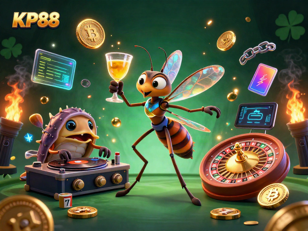 Experience the thrill of KP88 with a cartoon mosquito casino mascot, vibrant golden roulette, and exciting gaming elements.