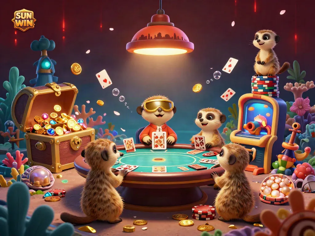 SUN WIN underwater casino scene featuring meerkats managing vibrant gambling activities, floating cards, and treasure elements.