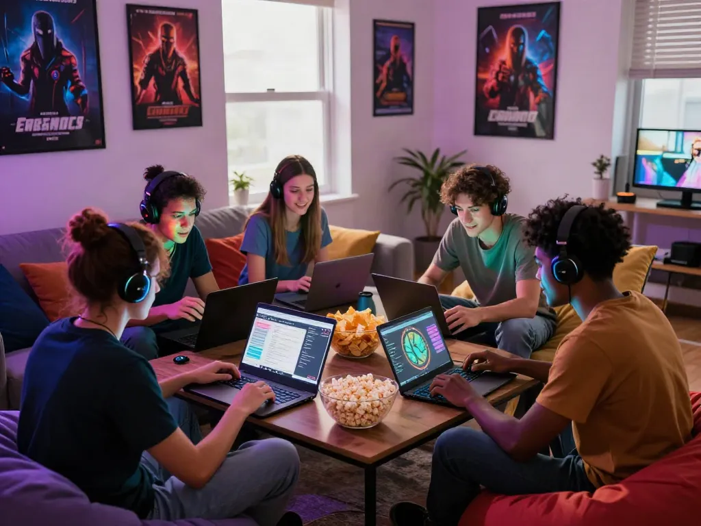 A lively gaming scene highlighting friends enjoying sites not on Gamstop during an online session.