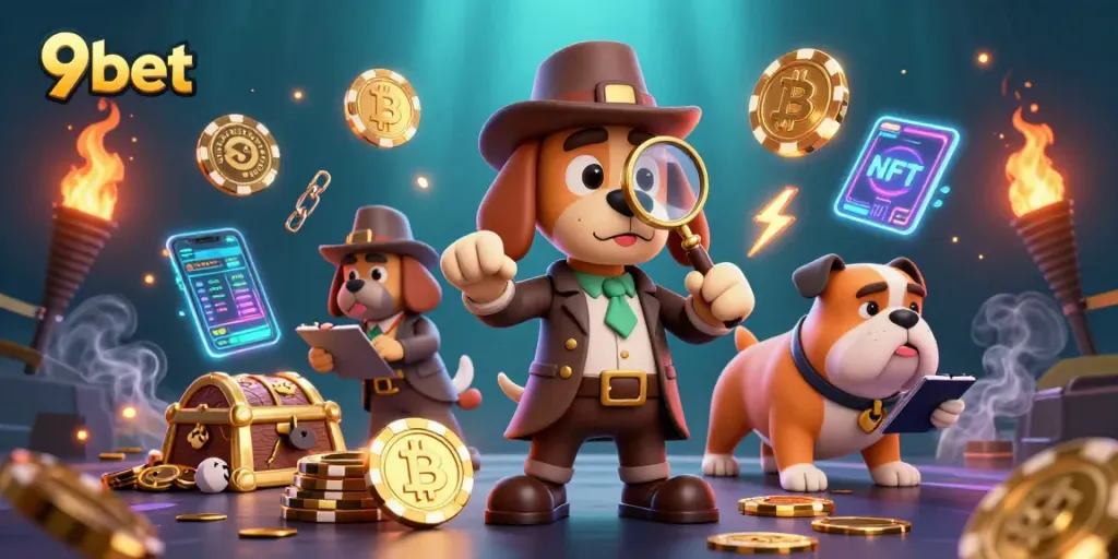9bet detective finding clues in a vibrant casino-themed treasure hunt scene with crypto elements.