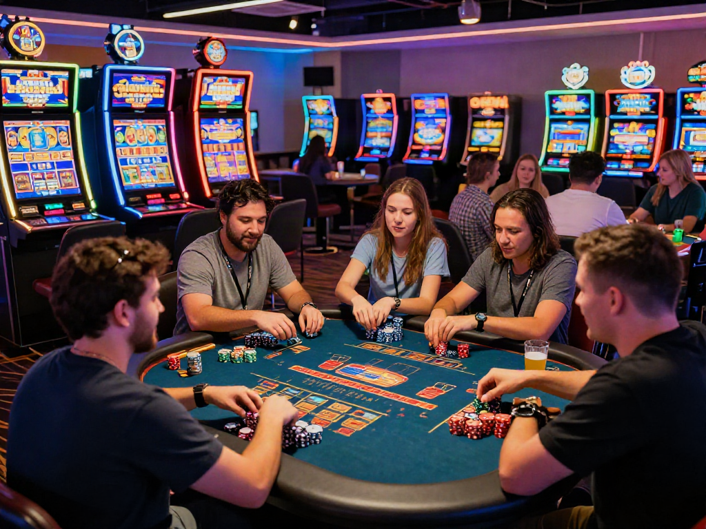 Players enjoying casino games at sites not on GamStop in lively venue.