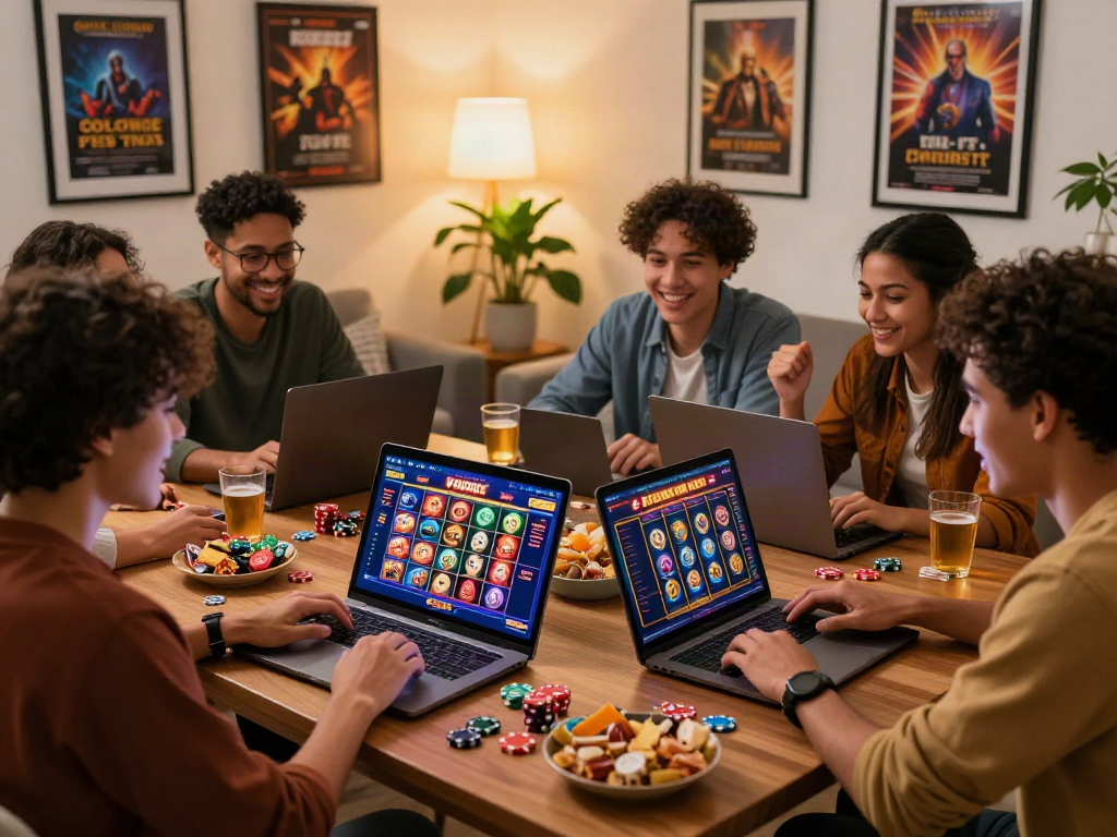 Diverse friends enjoying gaming on sites not on GamStop in a cozy living room