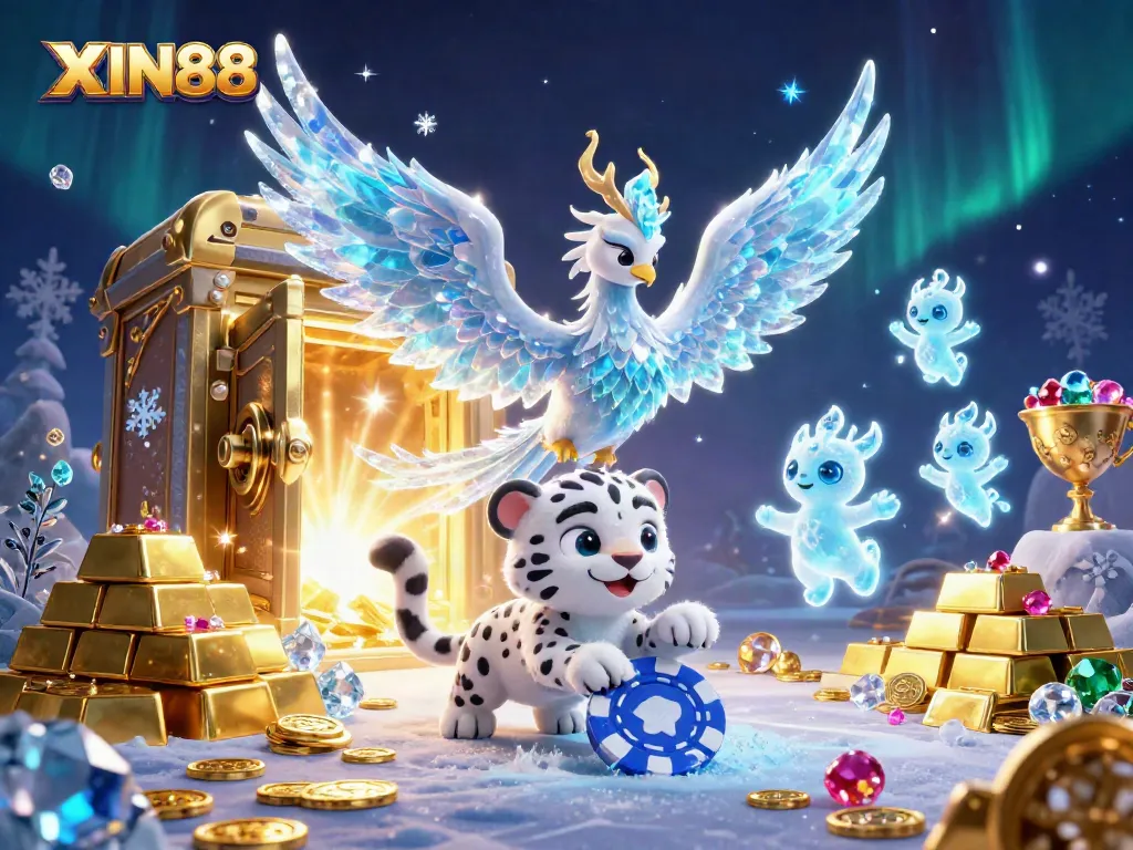 XIN88 showcases a dynamic 3D illustration with an ice phoenix and a leopard cub among casino treasures.