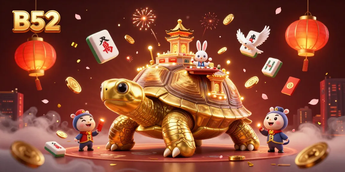 Spin the reels with B52 in a vibrant 3D scene filled with gold coins and festive decorations.