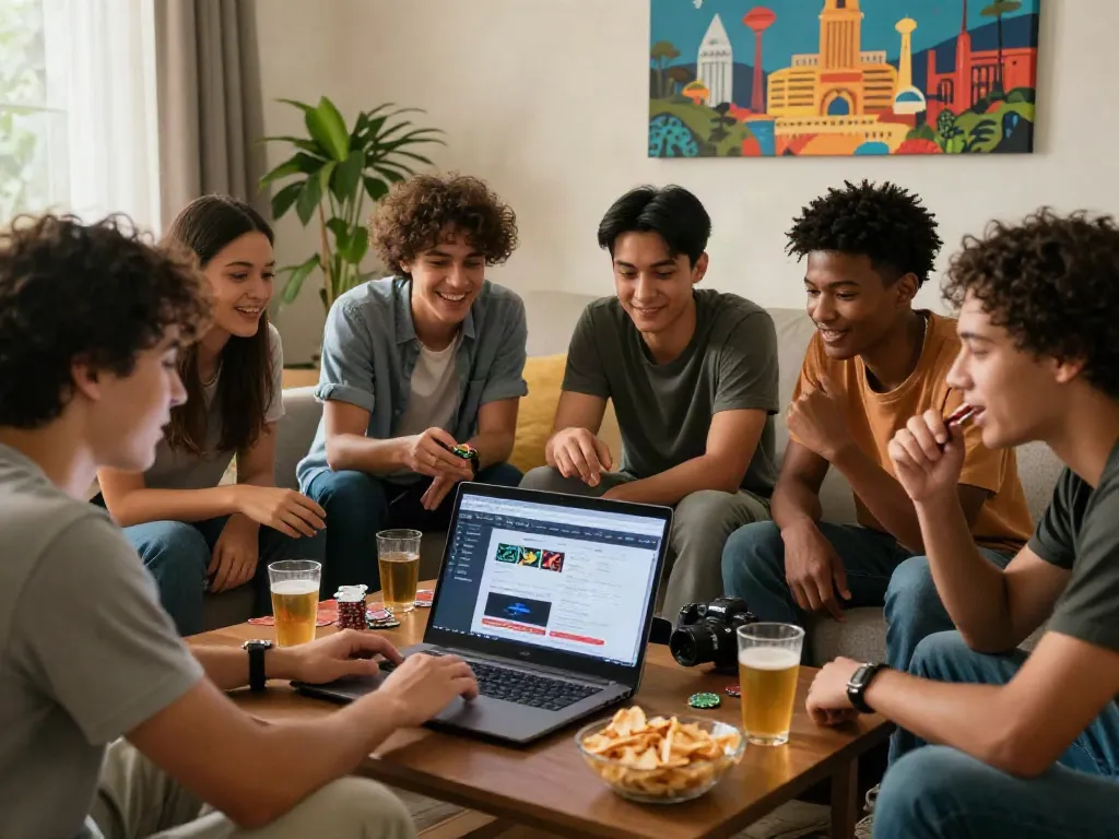 Friends enjoying online gameplay on sites not on GamStop in a cozy living room.