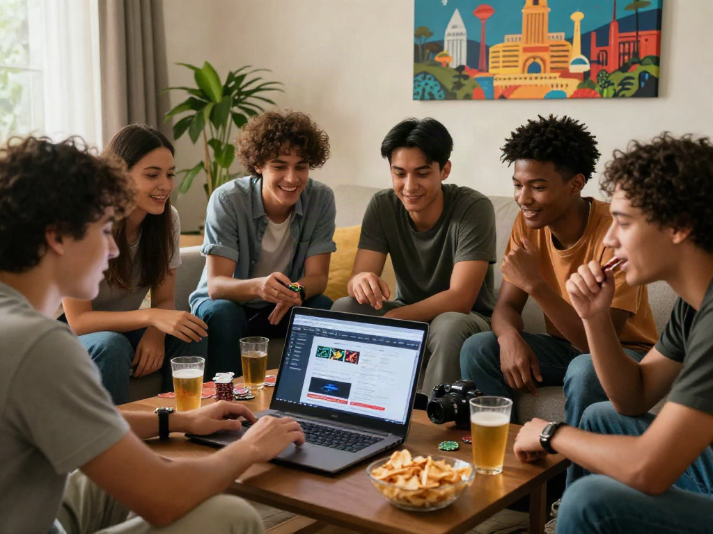 Friends enjoying online gameplay on sites not on GamStop in a cozy living room.