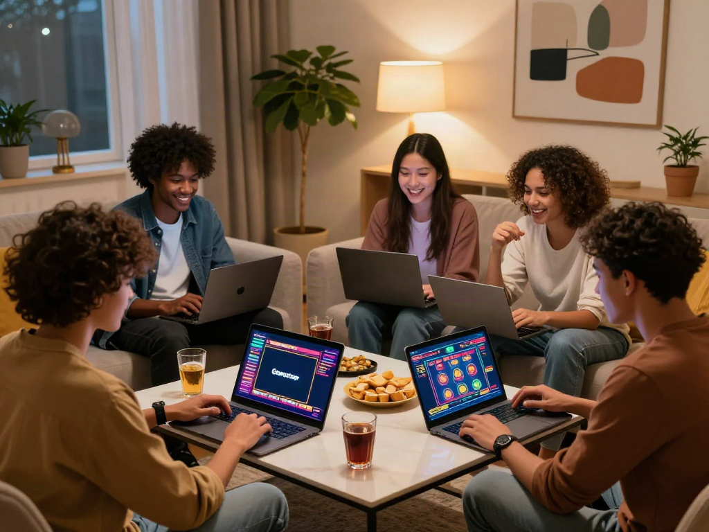 Friends enjoying gaming together on sites not on Gamstop in a cozy living room