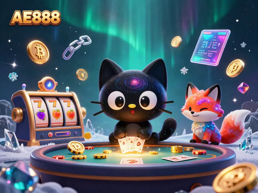 Engage in AE888's thrilling cosmic slot games while a black hole cat and nebula fox charm the table.