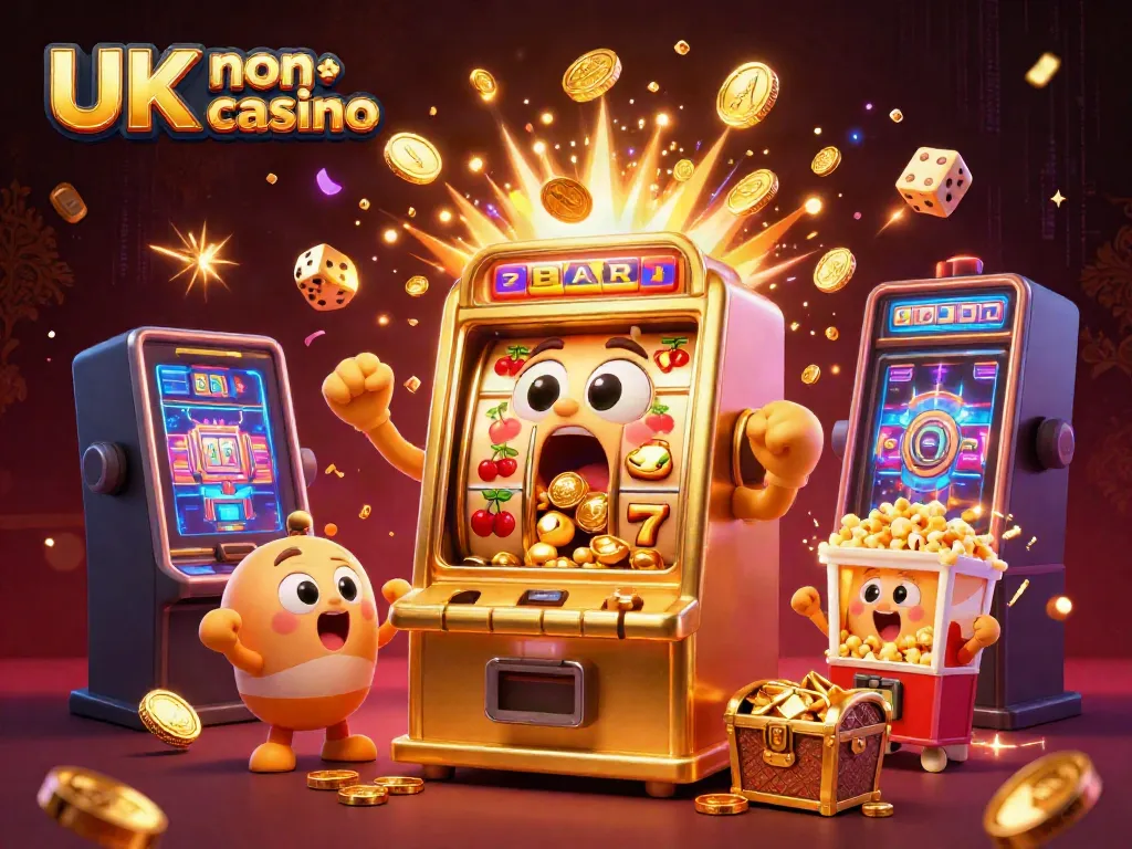 Engaging scene of UK non gamstop casino with a golden slot machine celebrating a jackpot.