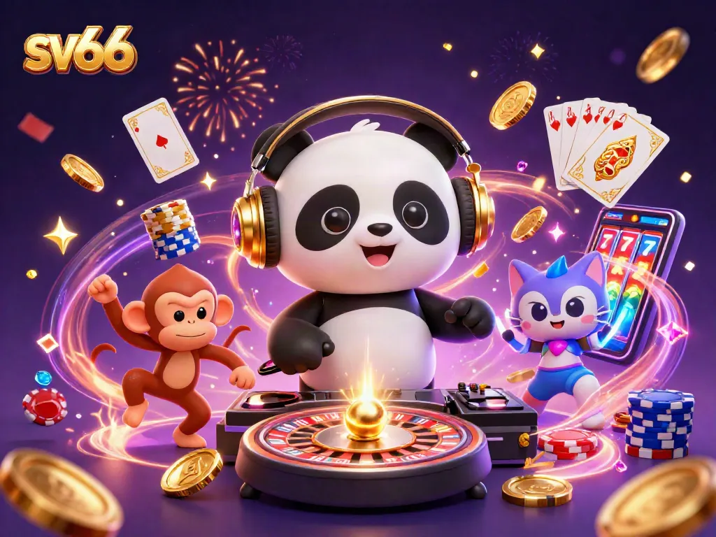 Experience the excitement of SV66 with a dazzling DJ panda, spinning roulette wheels, and vibrant casino action.