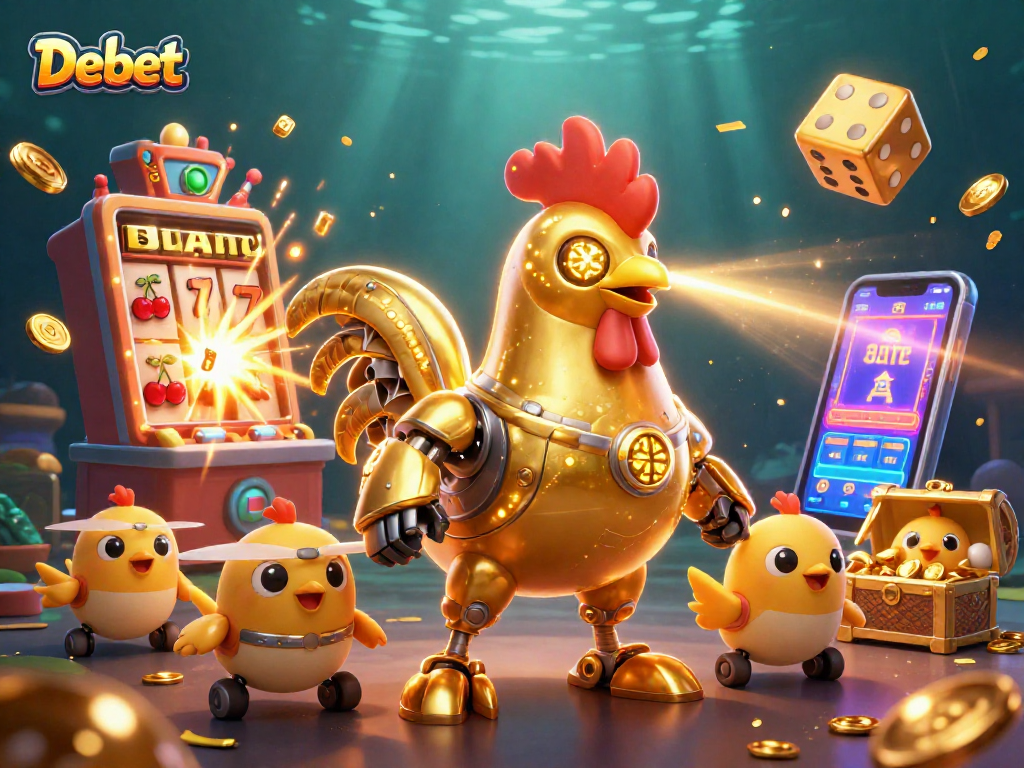 Experience excitement with Debet's winning slot machine jackpot scene filled with gold and vibrant casino elements.