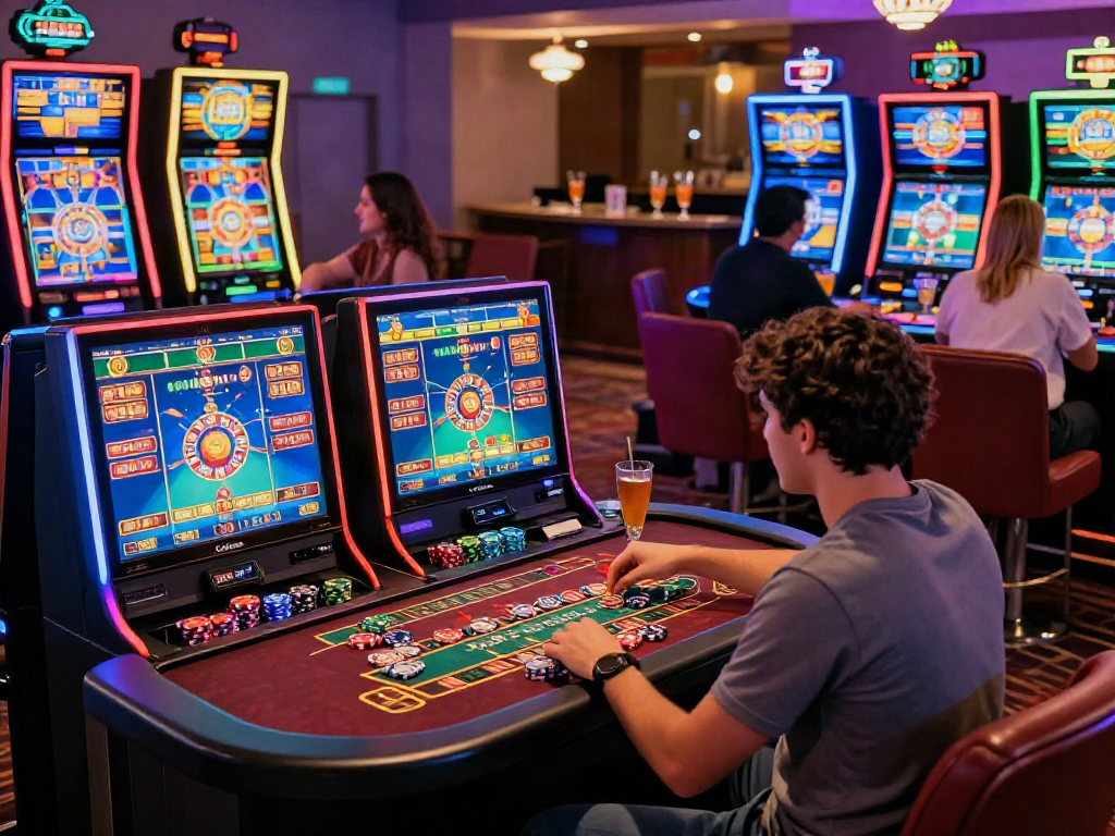 Players enjoying sites not on gamstop in a lively casino atmosphere with gaming tables and vibrant lights.