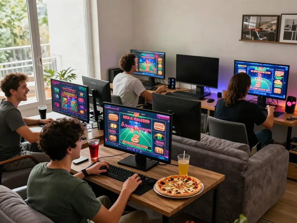 Friends enjoying sites not on gamstop in a lively home gaming room.