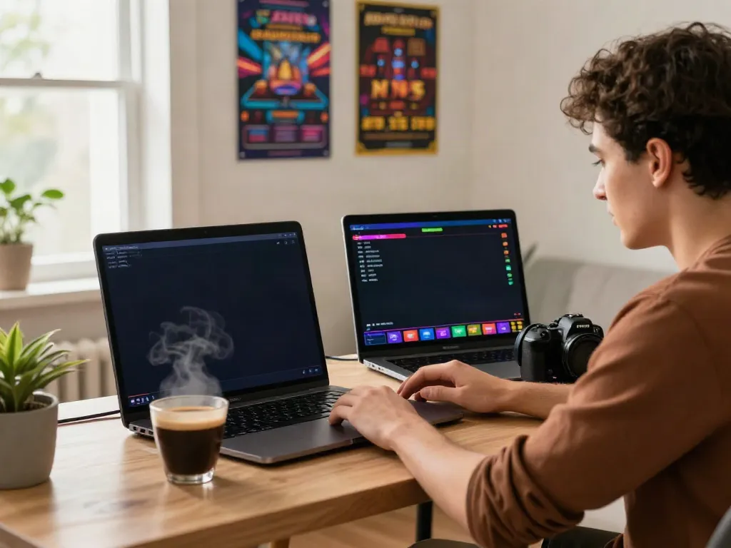 Player enjoying sites not on Gamstop from a stylish home setup with vibrant casino games.