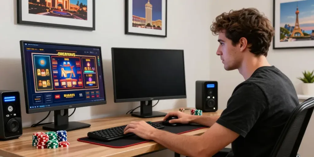 Player enjoying sites not on gamstop in a stylish home gaming setup.