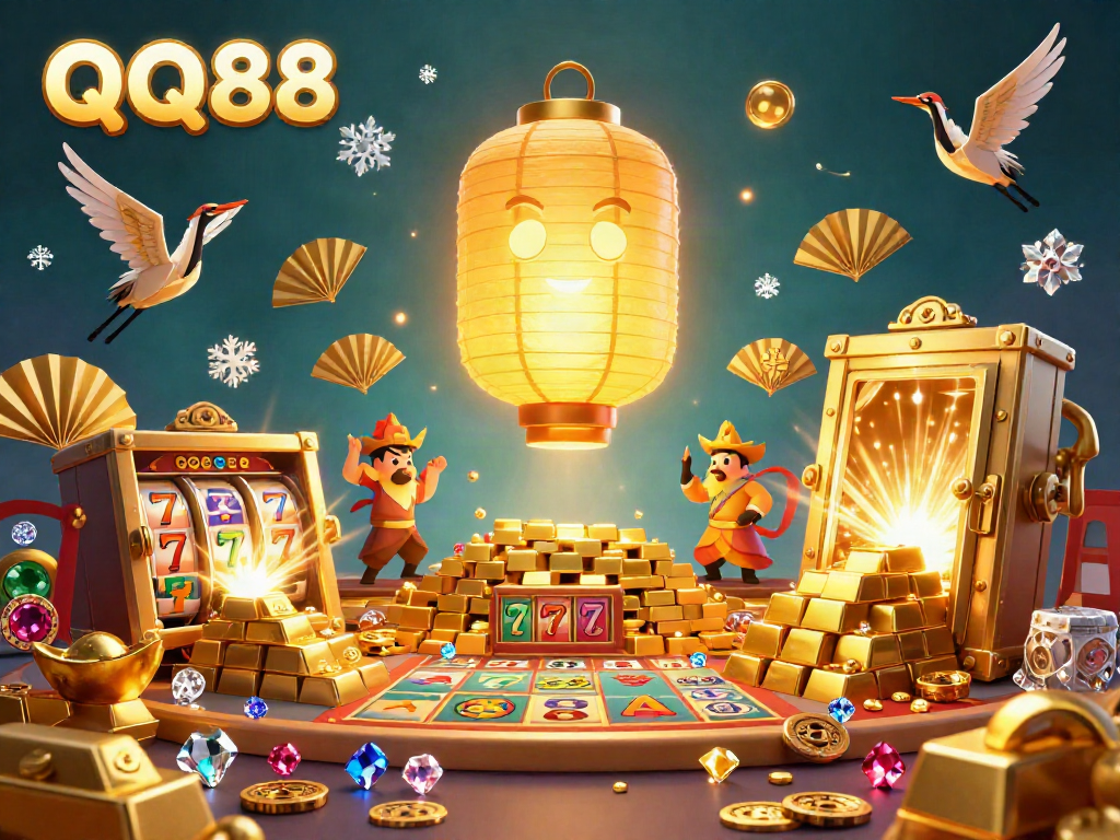 Experience the excitement of QQ88 with a vibrant casino scene featuring golden lantern spirits and dynamic game elements.