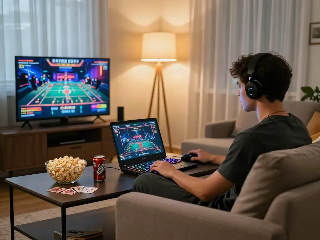 Engaging scene of a young adult playing sites not on gamstop games in a cozy modern living room.