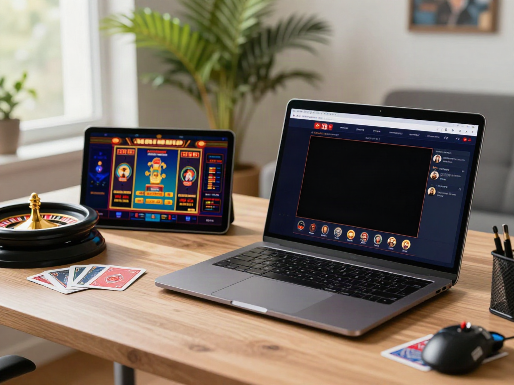 Engaging scene of a user exploring sites not on Gamstop at a modern home office.