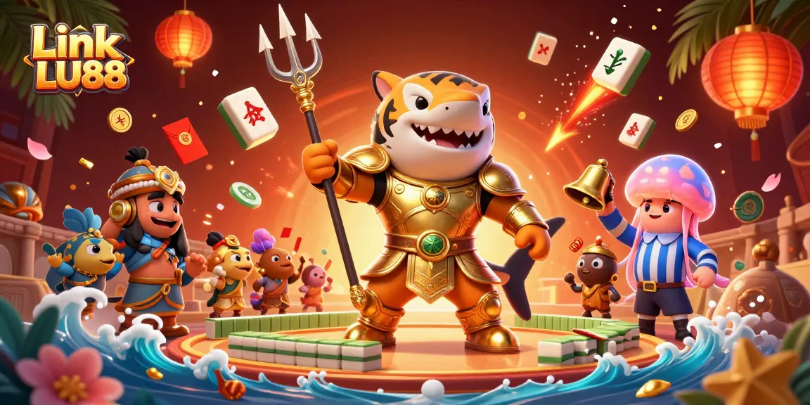 Experience the excitement of Link LU88 with a thrilling underwater gambling scene featuring a tiger shark and floating casino elements.