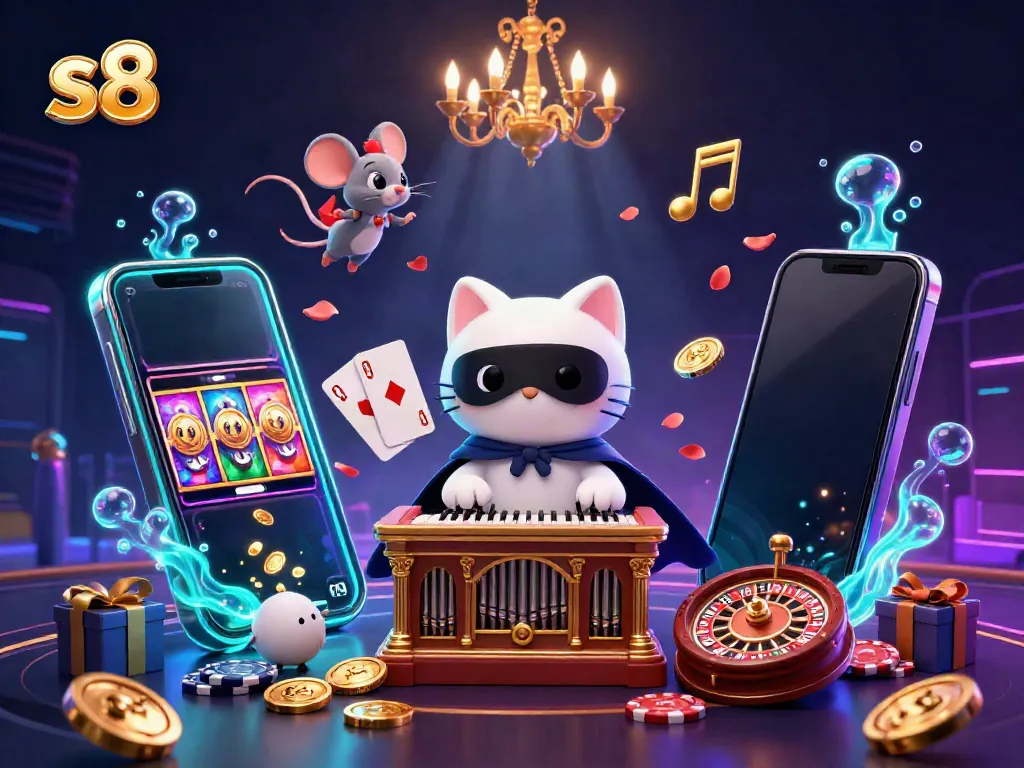 Engage with S8's vibrant gaming experience featuring a spirited casino scene with characters and gaming elements.