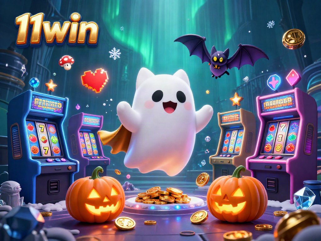 Experience thrilling casino adventures with the 11win floating ghost cat and bat, surrounded by vibrant gaming elements.