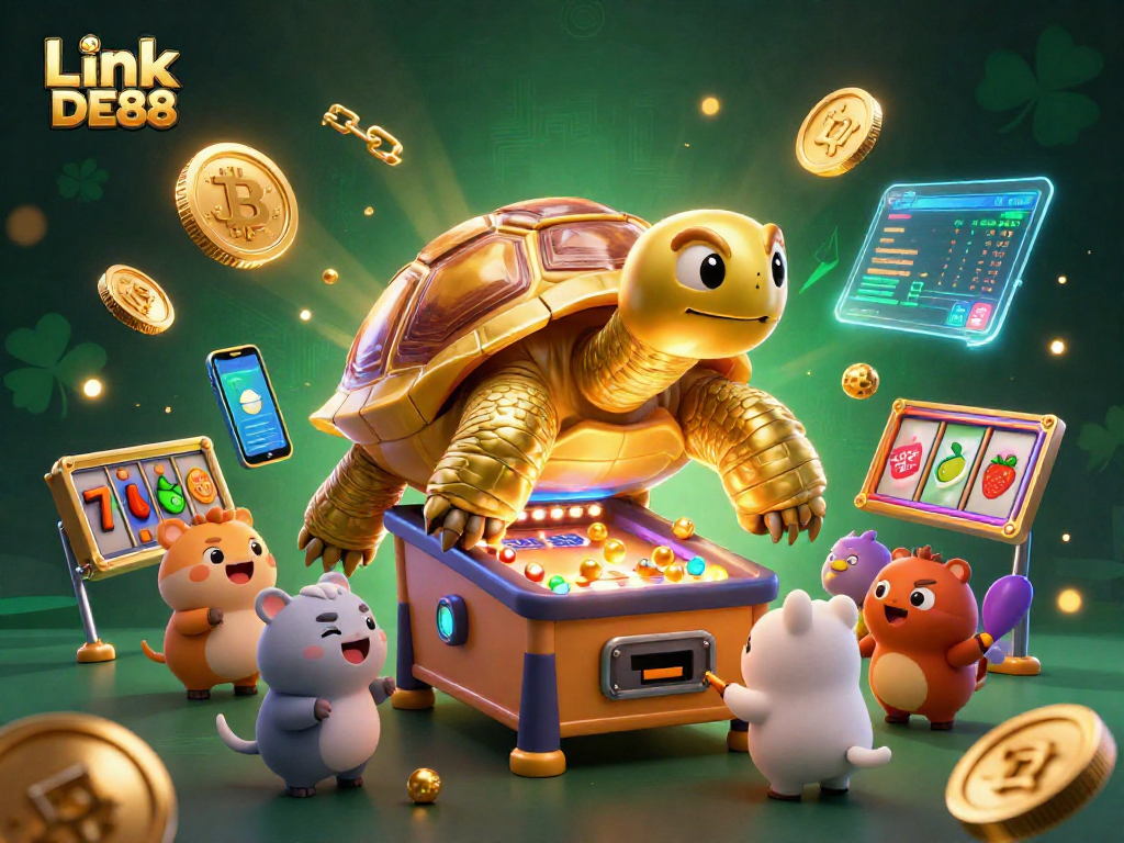 Engage in thrilling gameplay at Link DE88 with vibrant casino elements surrounding a golden tortoise.