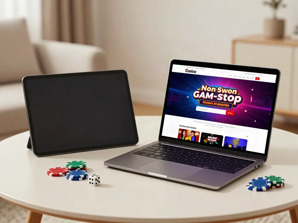 Engaging setup for exploring sites not on Gamstop with a laptop and gaming elements.
