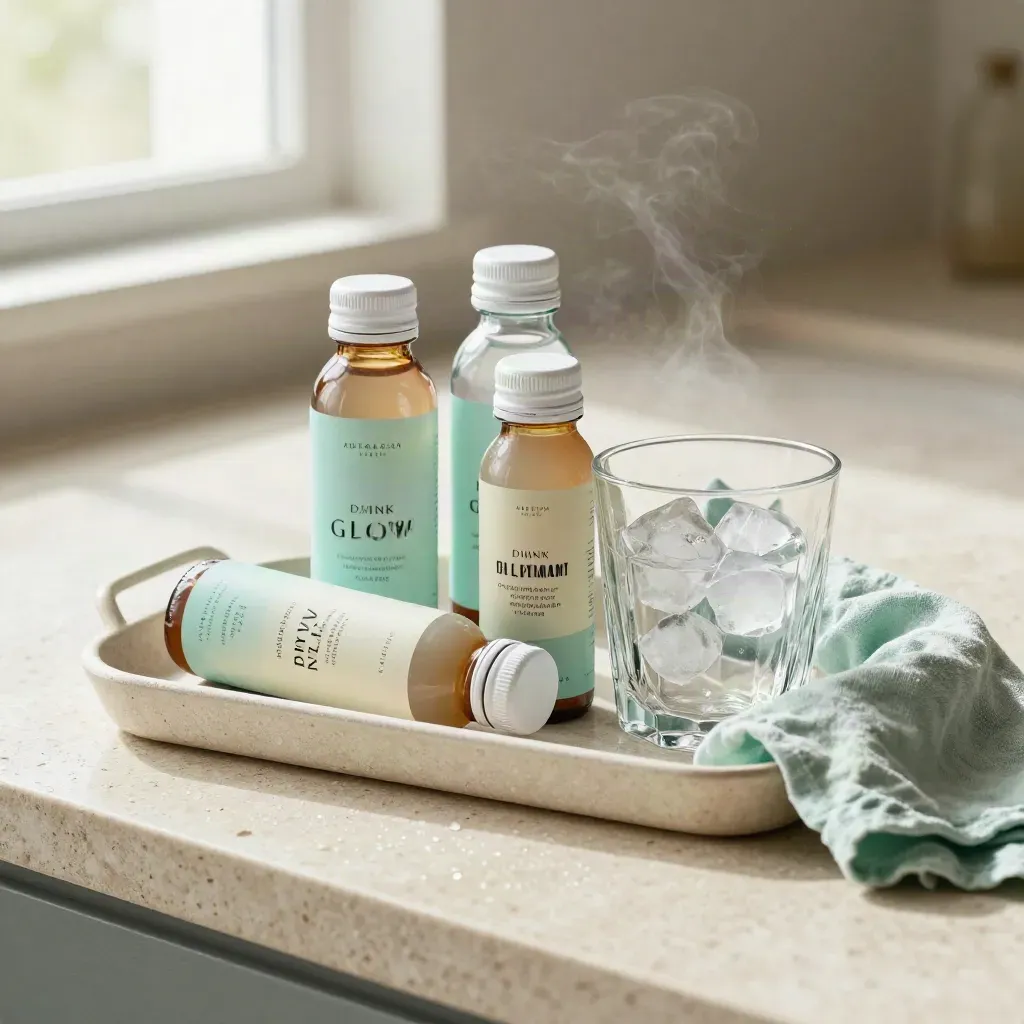 Wellness drinks bundle spilling from a carry tray on pale stone with ice and glass.