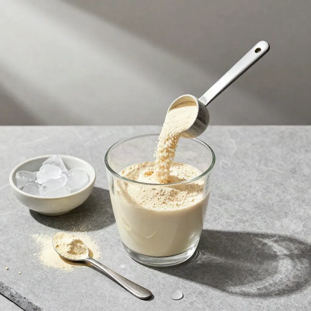 Overhead flatlay of mango hydration powder pouch, scoop, glass and ice with powder blooming into water