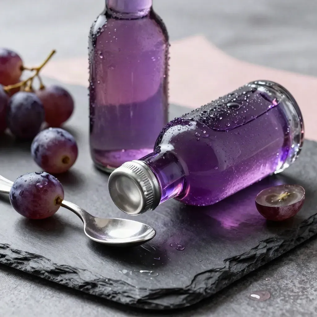 Uncapped grape antioxidant shot bottle with grapes, spoon and slate in a macro still-life.