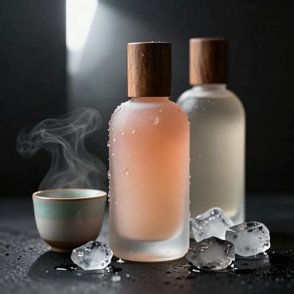 Peach wellness bottle with ceramic cup and ice in a dramatic beam of light.