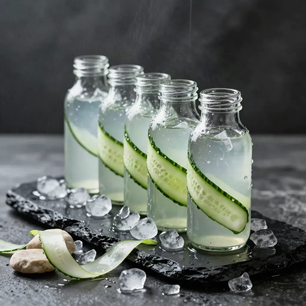 Cucumber hydration shot bottles, ice, ribbons and pale stone on a black slab.