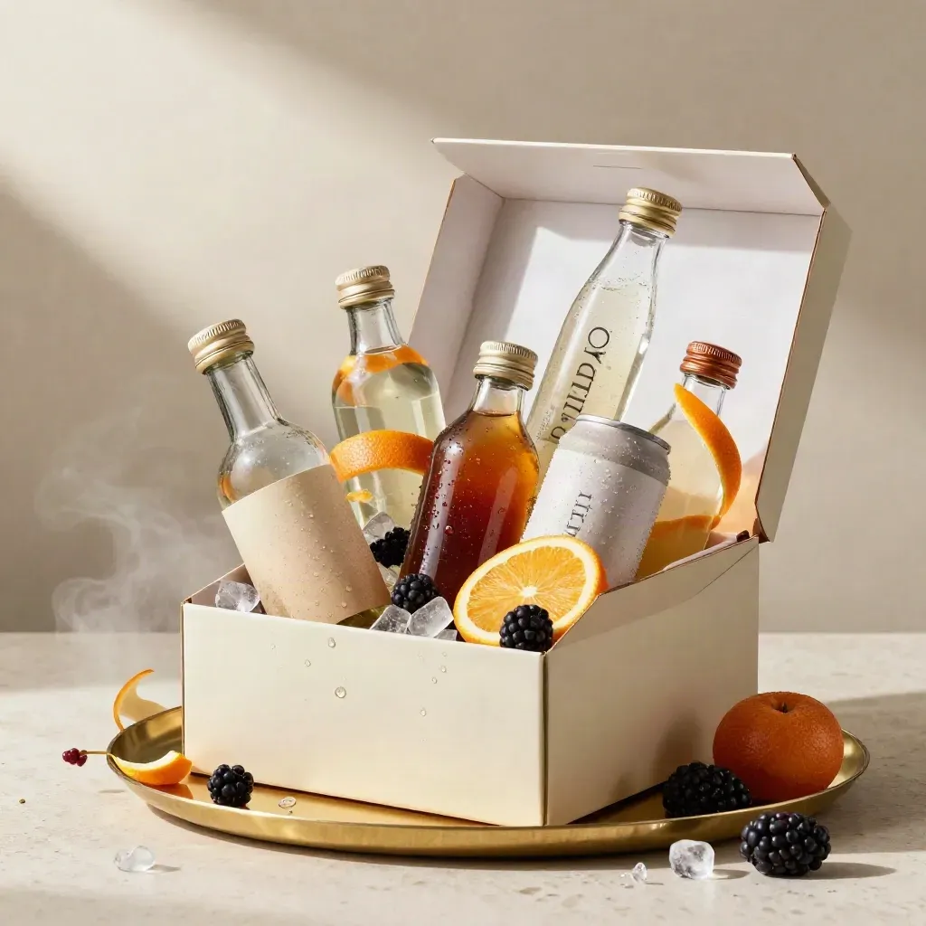 Open wellness glow box with bottles, cans, citrus peel, berries and ice on pale travertine.