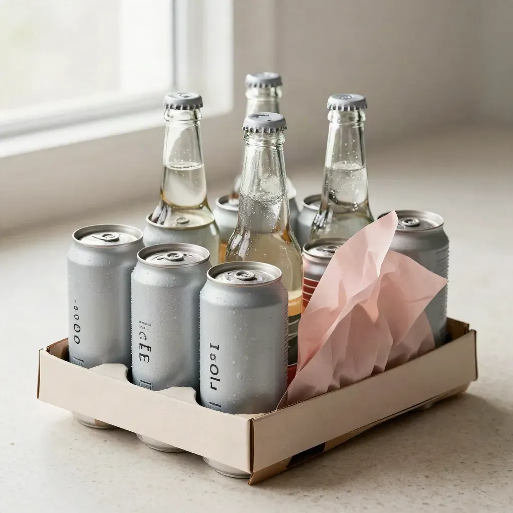 Half-unboxed wellness drink bundle in a shipping tray with cans, bottles and a shot