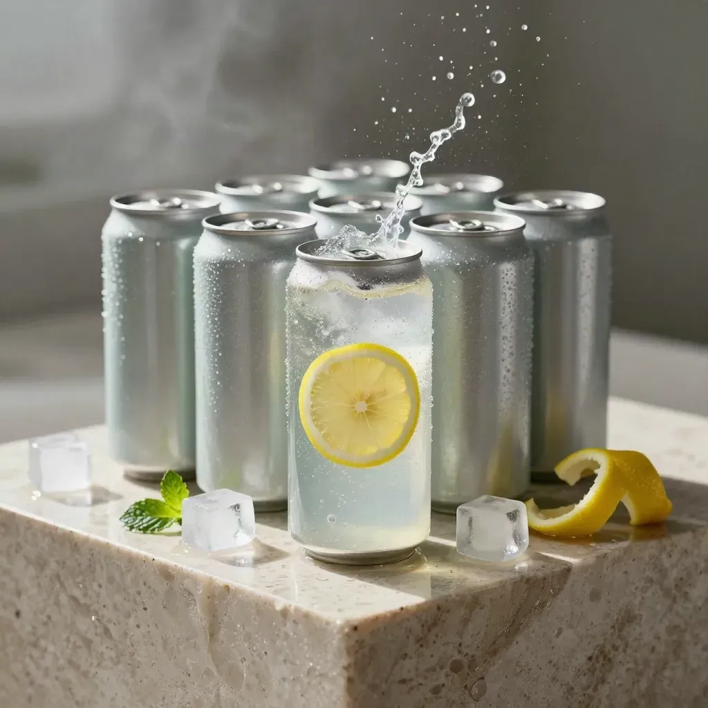 Lemon sparkling water cans on a wet stone plinth with ice and lemon peel spray