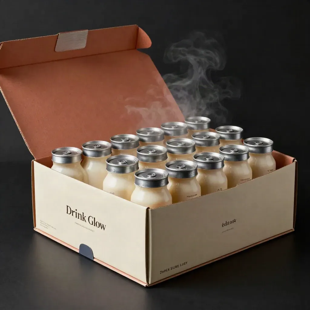 Open Drink Glow subscription box with rows of bottles, cans and shot vials on a dark studio surface.