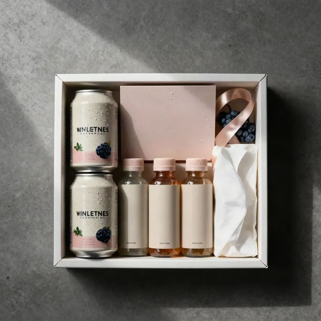Overhead berry beauty gift pack with cans, shot bottles, tissue wrap and ribbon on concrete.