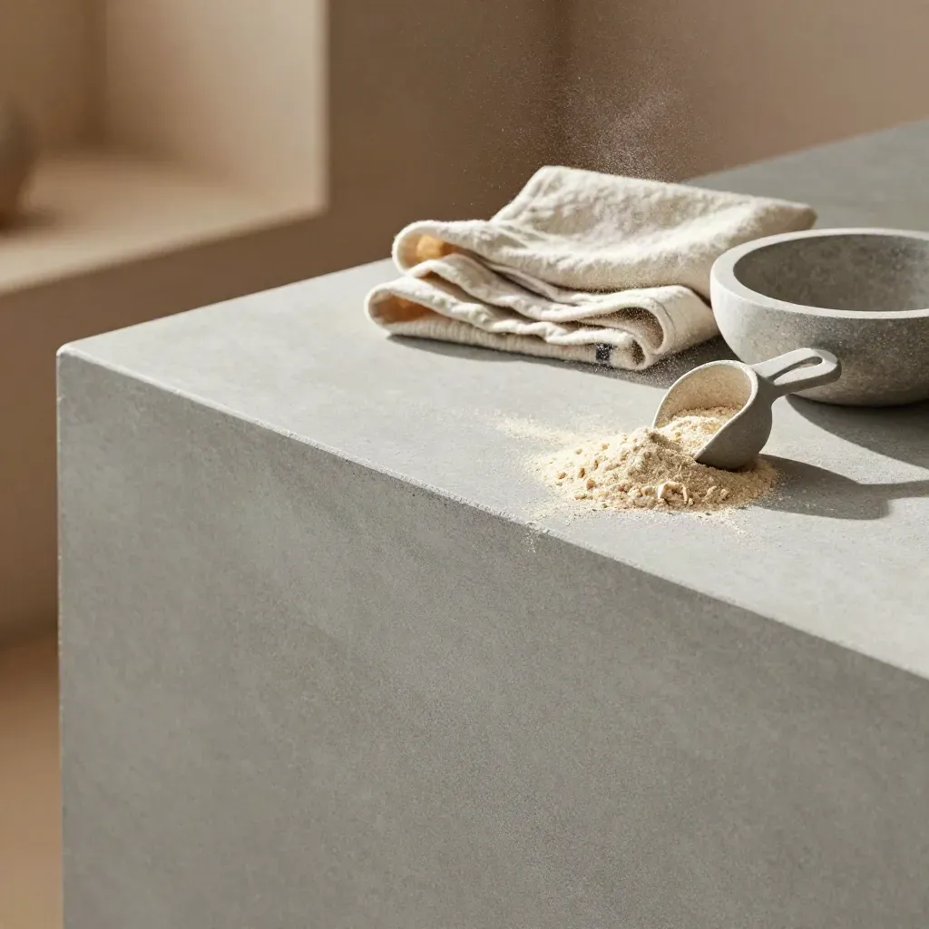 Hydration powder scoop and bowl on a sunlit concrete counter, calm copy space below.