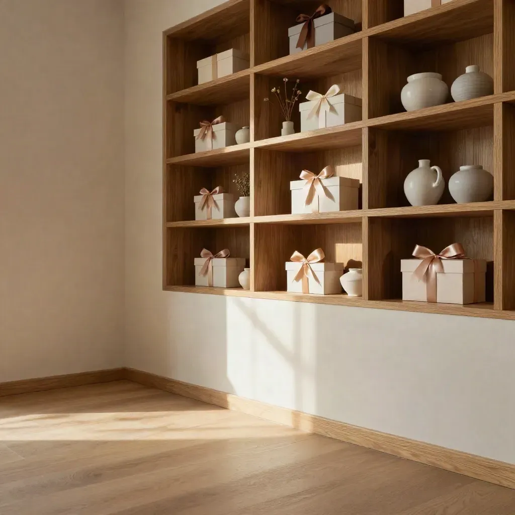 Oak shelving alcove with ribboned gift boxes, dried stems and pale ceramics in sunlit interior.