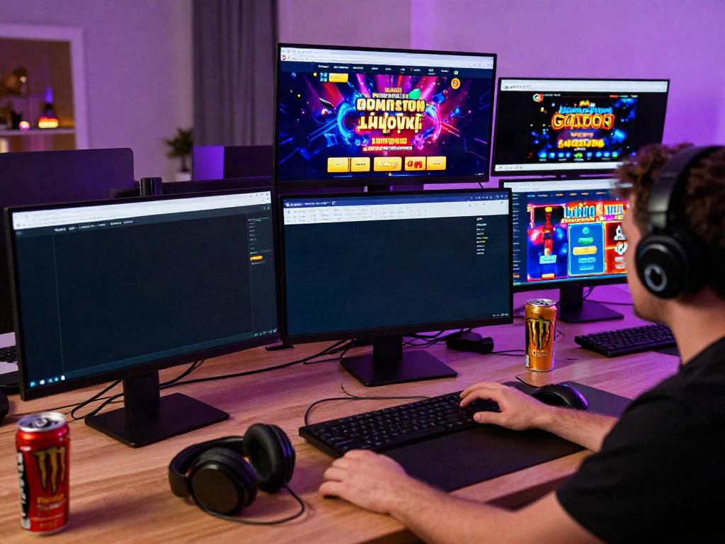Engaging scene of a gamer exploring sites not on Gamstop in a lively home office.