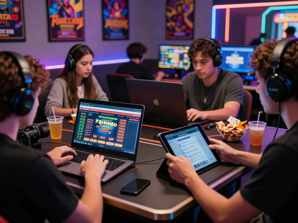 Engaging scene of players researching sites not on gamstop with laptops and tablets in a vibrant lounge.