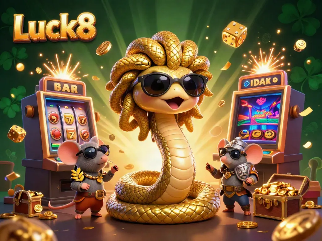Win big at Luck8 with a captivating 3D illustration of games, treasures, and playful characters.