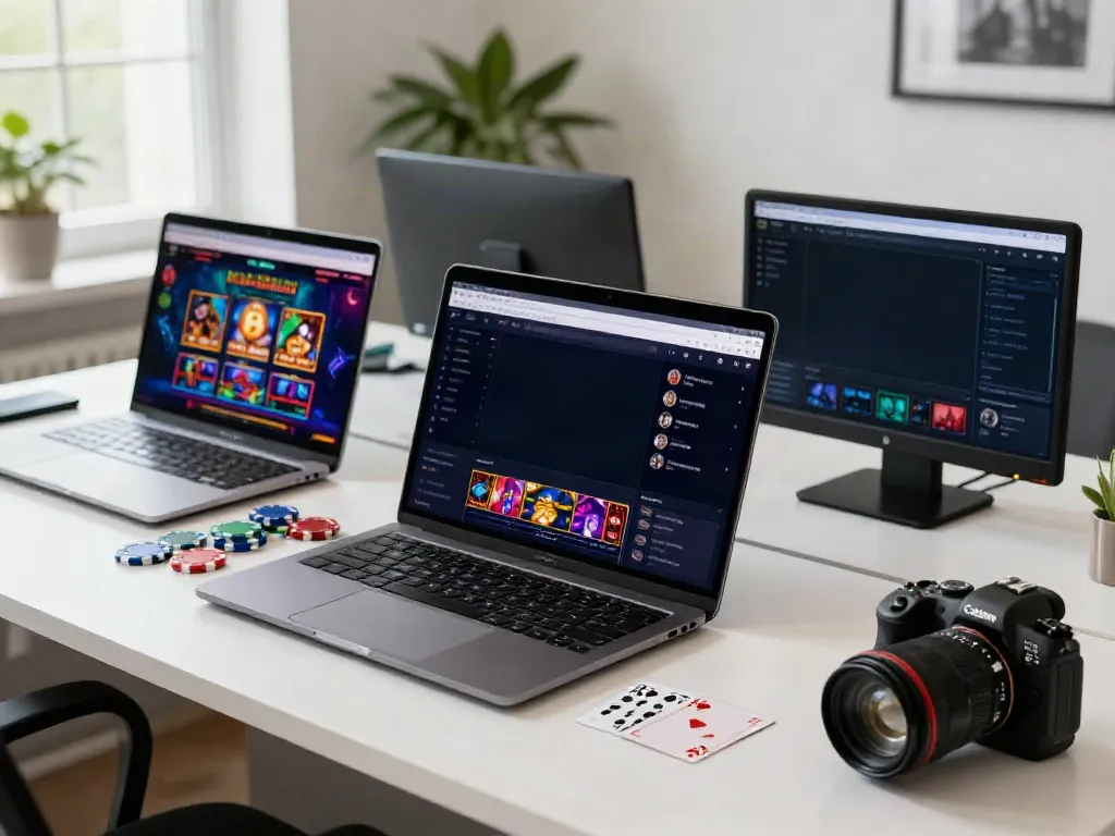 Engaging view of sites not on GamStop displayed on a laptop with casino chips and cards