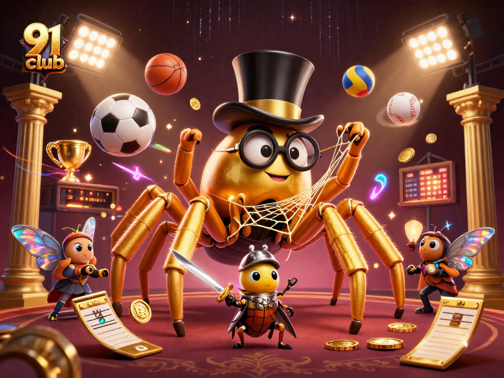Engaging illustration showcasing 91 club excitement with golden tarantula and beetle knight surrounded by dynamic casino elements