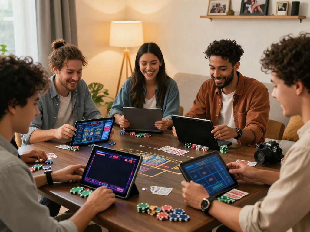 Friends enjoying games on sites not on gamstop in a cozy living room.
