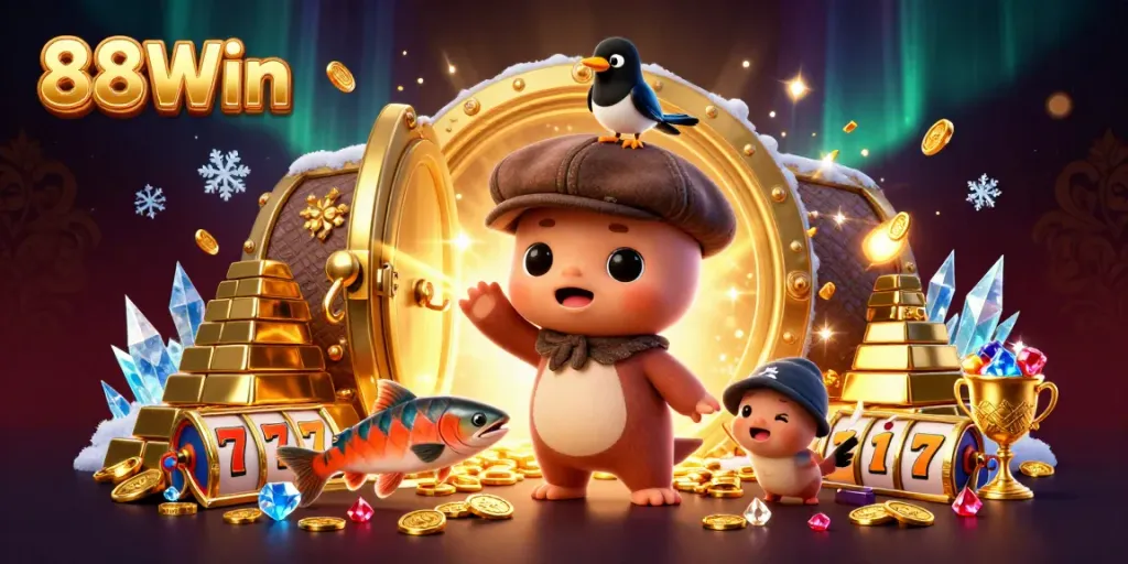 Play games and win big with 88Win in a vibrant casino scene filled with treasures and excitement.