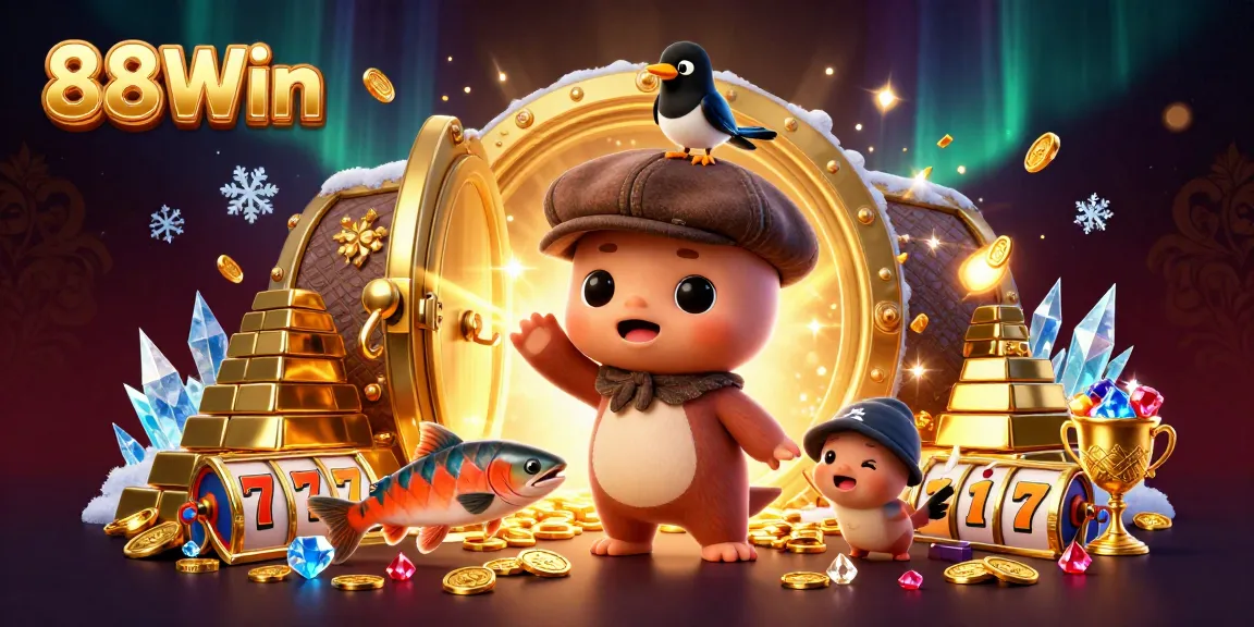Play games and win big with 88Win in a vibrant casino scene filled with treasures and excitement.