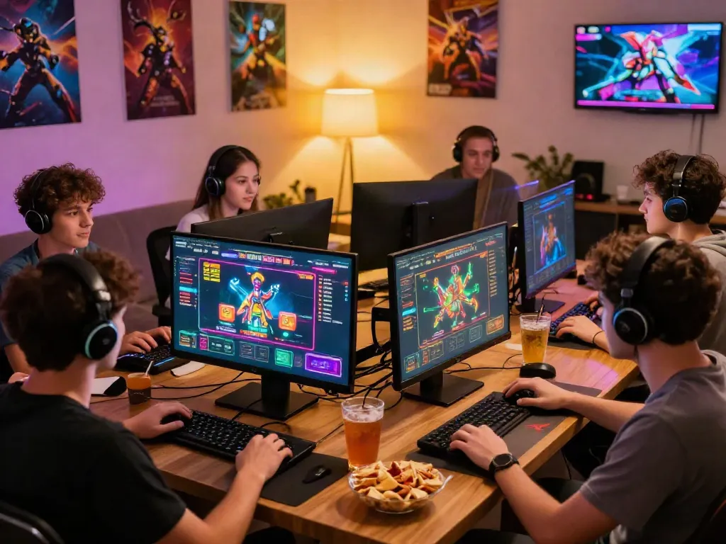 Excited friends enjoying gaming together at home, exploring sites not on gamstop.