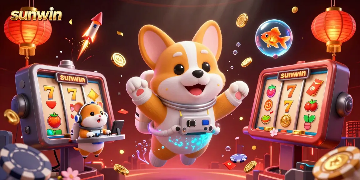 Experience the thrilling universe of sunwin with corgi astronaut floating in a vibrant casino.
